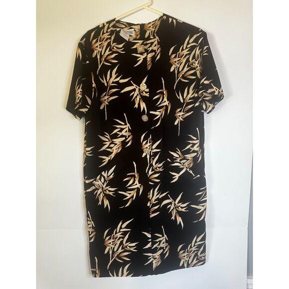 Jessica Howard Vintage Black Leaf Print Midi Shift Dress Size 10 USA - Picture 1 of 5